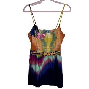 NRS Watercolor Belted Cami Flower Appliqué Spaghetti Straps Camisole Stretch M